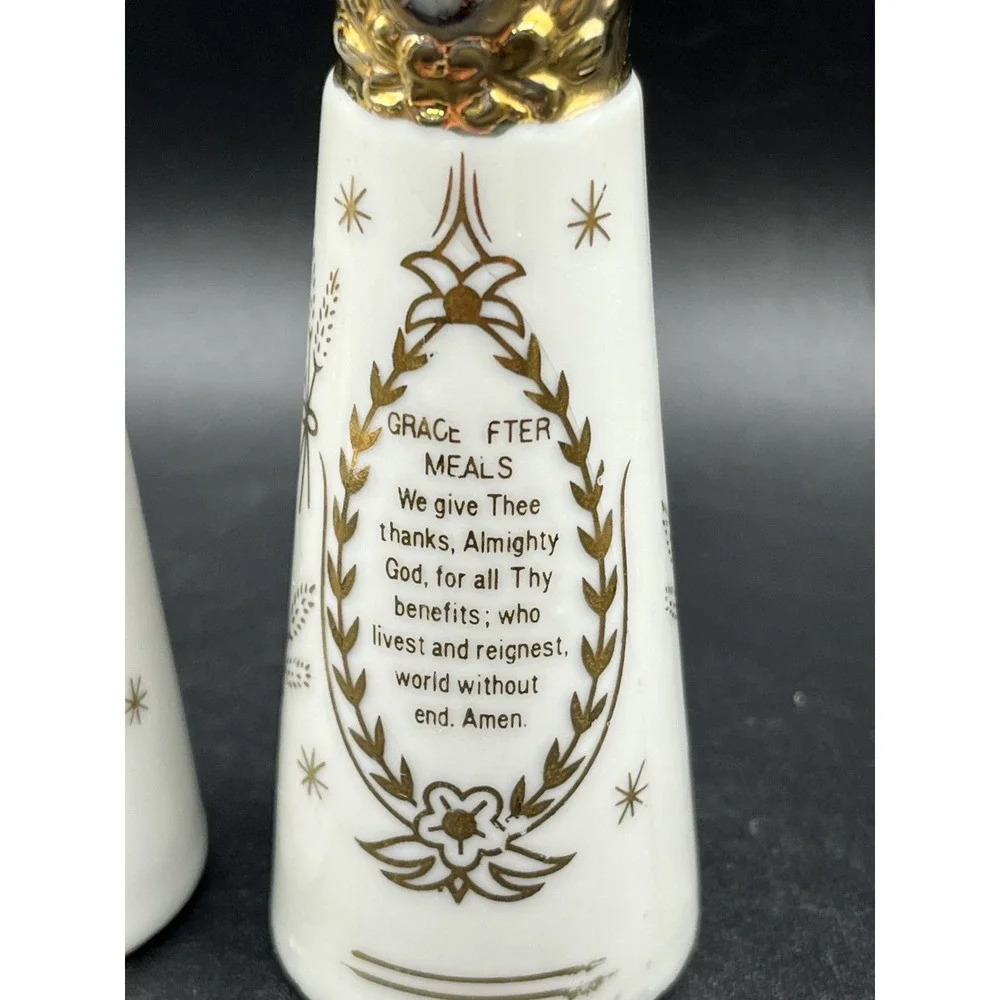Vtg Blessing Grace Prayer White Gold Ceramic Salt‎ & Pepper Shakers 4